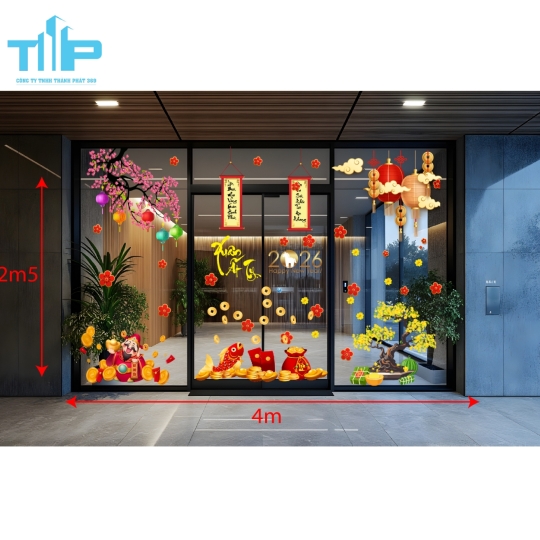 Decal Tết 2026 – Trang Trí Cửa Kính Đẹp, Thần Tài – Hoa Mai – Cá Chép Rước Lộc mẫu 14