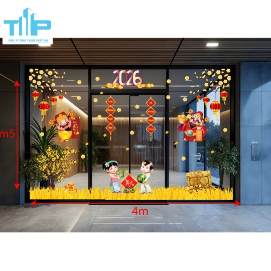 Decal dán kính Tết 2026 Thần Tài – Vàng Xuân – Bé trai bé gái chúc Tết may mắn mãu 19