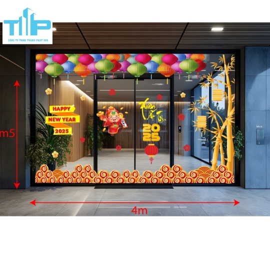 Decal trang trí Tết 2026 – Chủ đề vàng đỏ rực rỡ, phong thủy hút tài lộc mẫu 21 