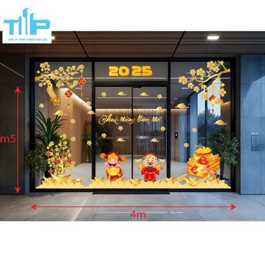 Mẫu Decal Tết 2026 Hoa Mai Vàng, Thần Tài, Túi Lộc – Trang Trí Cửa Kính Sang Trọng mẫu 24