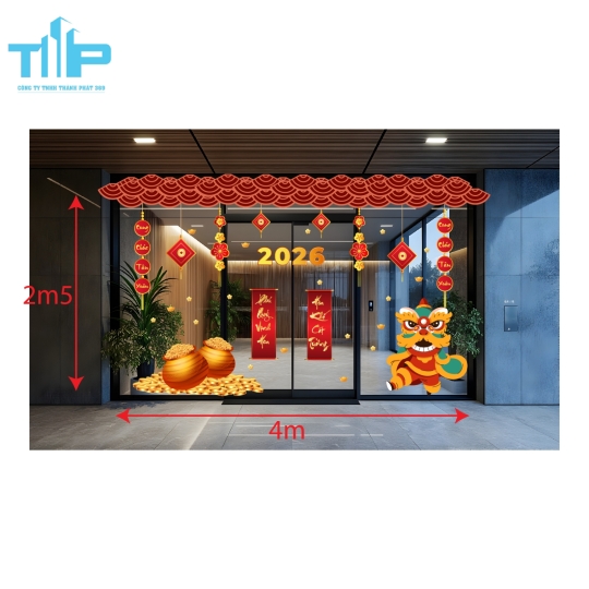 Mẫu mới  2026 - Trang Trí Cửa Kính Tết – Lân Đỏ Rộn Ràng, Vàng Bạc Sung Túc mẫu 42