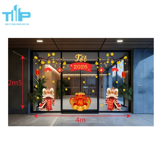 Mẫu mới  2026 - Decal Tết Trang Trí Cửa Kính – Lân Vàng Rước Phúc, Xuân Phát Tài mẫu 43