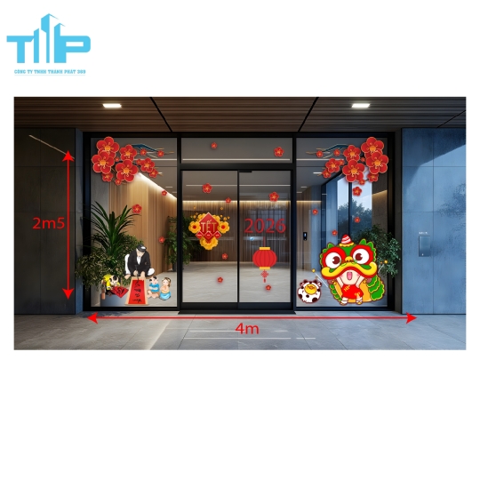 Decal Trang Trí Tết 2026 – Cửa Kính Rực Rỡ Với Hoa Mai, Múa Lân, Ông Đồ mẫu 11 