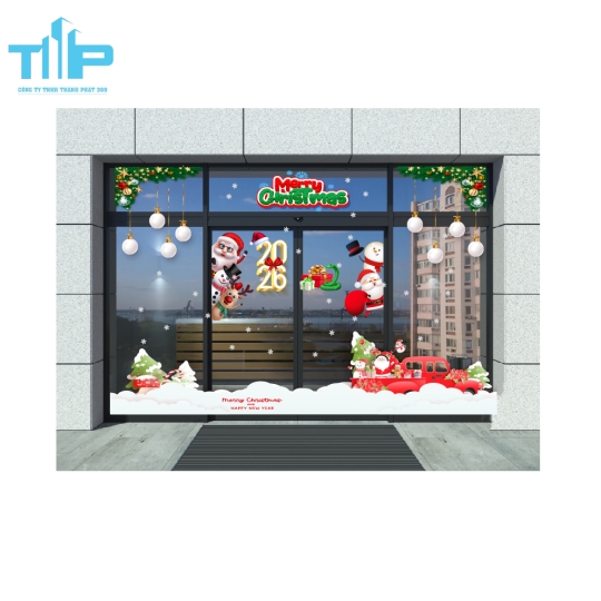 Decal trang trí Noel Ông Già Noel & Xe Tuyết Đỏ Dễ Thương mẫu 10 